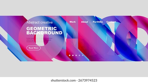 Abstract website header design. Vibrant colors, geometric shapes, text overlays, navigation menu present. Modern aesthetic.