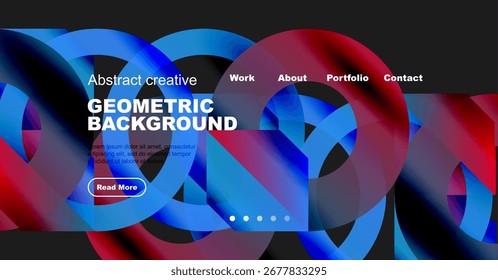 Abstract website header design. Vibrant blue, red shapes create dynamic geometric background. Text promotes work, portfolio access.