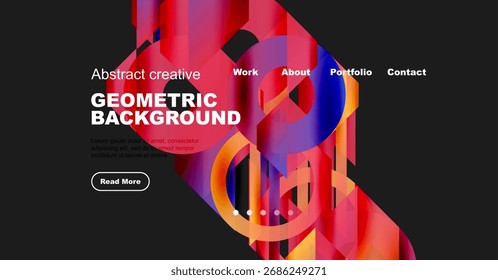 Abstract website header design. Vibrant colors, geometric shapes, text overlays, navigation menu present. Modern aesthetic.