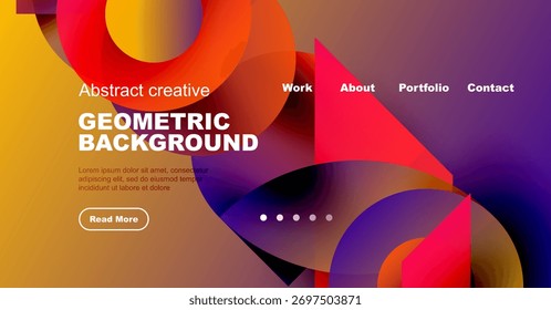 Abstractas diseño de cabezal de Sitio web. Vibrantes Formas geométricas, superposición de texto, menú de navegación presente. Moderna y colorida presentación.