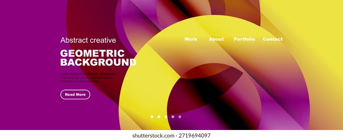 Abstract website header design. Vibrant colors, geometric shapes, text elements present. Modern style, clean layout.