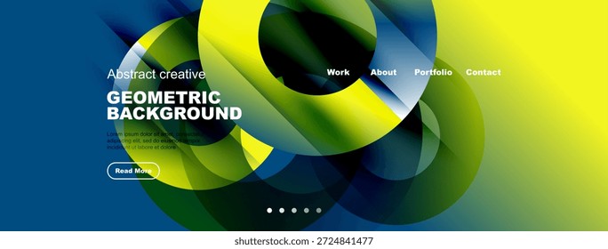 Abstract website header design. Vibrant colors, geometric shapes, text elements present. Modern, clean aesthetic.