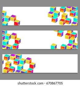 Resumen de cabeceras de sitios web con cubos de colores y elementos geométricos.