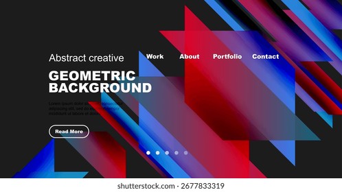 Abstract website mockup. Geometric shapes, vibrant colors, dark background. Text elements present, button visible. Modern design aesthetic.