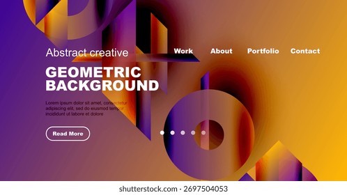 Abstract website mockup. Vibrant geometric shapes, text overlay, navigation menu present. Modern design elements visible.