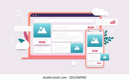 Abstract website on computer screen - Vector illustration of laptop with web elements like, images, text and buttons. Web design concept.