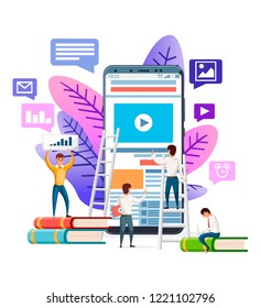Abstract website template design. Modern flat design. People browsing Internet on smartphone. Vector illustration on white background. Mobile app design, banner concept.