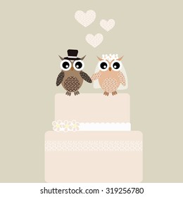 Abstract wedding card with cute owls, hearts and cake