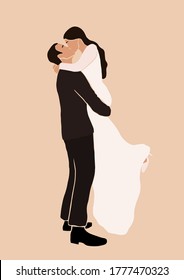 Abstract wedding couple groom and bride card isolated. Fashion minimal trendy people in cartoon flat style. Trendy poster wall print decor vector illustration