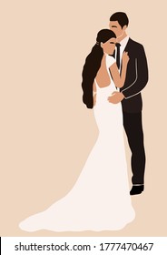 Abstract wedding couple groom and bride card isolated. Fashion minimal trendy people in cartoon flat style. Trendy poster wall print decor vector illustration