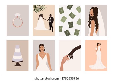 Abstract wedding couple groom and bride, woman portraits, bouquets holiday cards isolated. Fashion minimal trendy people in cartoon flat style. Trendy poster wall print decor vector illustration