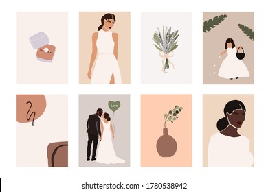 Abstract wedding couple groom and bride, woman portraits, bouquets holiday cards isolated. Fashion minimal trendy people in cartoon flat style. Trendy poster wall print decor vector illustration