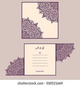Abstract wedding cutout invitation template. Suitable for lasercutting. Lazercut vector wedding invitation template. Lazer cut vector. Lace folds. Gate fold wedding invitation 