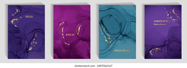 Abstract wedding invitation card backgrounds vector collection. Liquid alcohol ink texture, gold spatter. Rich birthday greeting card backdrops, banners bundle. Certificate templates.