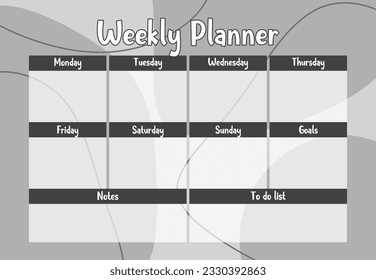 Abstract Weekly organizer template. Abstract printable weekly planner, to do list, notes. Blank white notebook page isolated. Business organizer page. Paper sheet. vector illustration