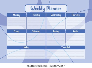 Abstract Weekly organizer template. Abstract printable weekly planner, to do list, notes. Blank white notebook page isolated. Business organizer page. Paper sheet. vector illustration
