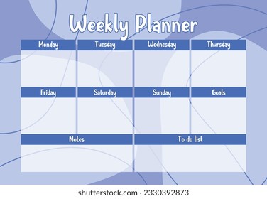 Abstract Weekly organizer template. Abstract printable weekly planner, to do list, notes. Blank white notebook page isolated. Business organizer page. Paper sheet. vector illustration