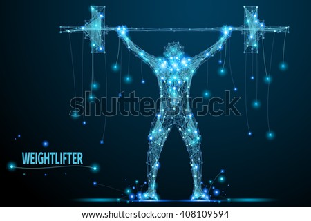 Abstract weightlifter with cybernetic particles. Polygonal digital background. Point and curve constructed the weightlifter silhouette wireframe. 