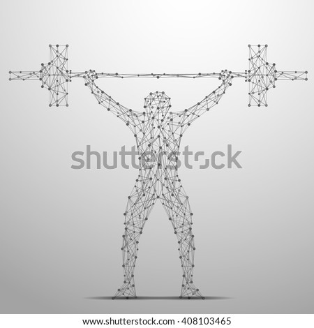 Abstract weightlifter in motion with cybernetic particles. Gray triangle thin line mesh spheres. Futuristic technology style. 
