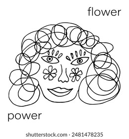 Abstract weird woman face line art with curly hair and flowers. Hand drawn boho vector illustration.