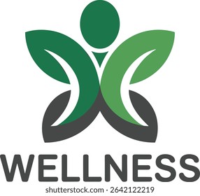 Abstract Wellness Logo Depicting a Person with Leaf Arms and the Word Wellness Below It