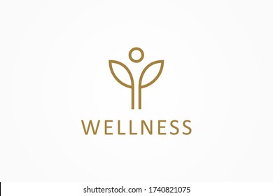 Abstract Wellness Logo. Gold Linear Style Leaf and People Combination isolated on White Background. Usable for Nature, Cosmetics, Healthcare and Beauty Logos. Flat Vector Logo Design Template Element.