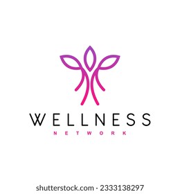 Logo Resumen de Bienestar. La hoja de estilo lineal de oro y la combinación de personas aisladas en fondo blanco. Usable para la Naturaleza, Cosméticos, Salud y Logotipos de Belleza. Elemento de plantilla de diseño de logotipo de vectores planos.