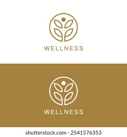 Abstract Wellness Logo. Gold Linear Style Leaf and People Combination isolated on White Background. Usable for Nature, Cosmetics, Healthcare and Beauty Logos. Flat Vector Logo Design.
