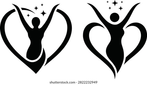 Abstract wellness logo set featuring stylized female figures with raised arms combined with heart shapes and sparkling stars.eps
