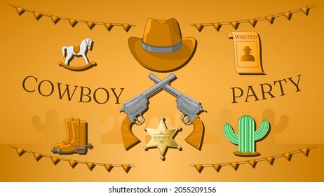 Resumen Partido de fondo occidental Sombrero Cactus Sheriff Revolver Boots Estilo de diseño vectorial
