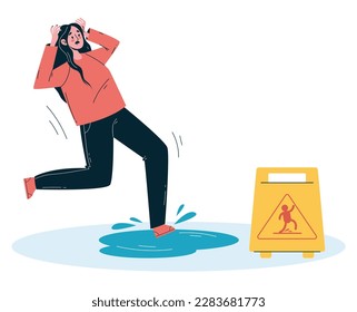 Abstract wet water slide floor and fall people concept. Vector graphic design illustration
