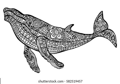 Whale Coloring Book Adults Raster Illustration Stock Illustration 539704912