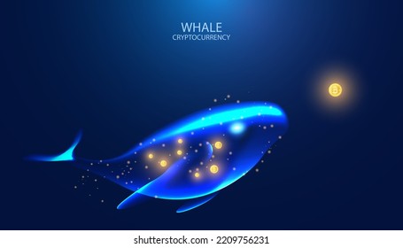 Abstract Whale Concept Cryptocurrency Bitcoin Buying Capitalist Cryptocurrencies big purchase and the possession of cryptocurrencies on a blue background