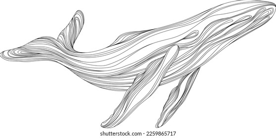 Abstract whale floating underwater. Illustration isolated animal on white background. Ocean mammal swimming.