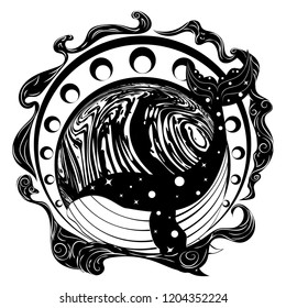 Abstract whale and marble planet over modern frame background.