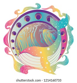 Abstract whale and marble planet over modern frame background.