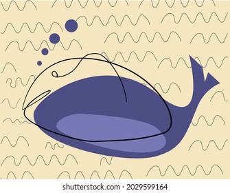 Abstract whale on stylized sea background. Vector illustration