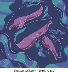 Forma abstracta de ballena en el mar con arte de líneas, arte mural, decoración mural
