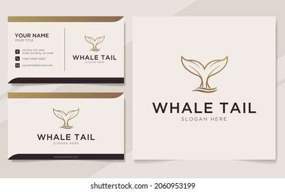 Abstract whale tail logo in gold luxury style and business card design template 