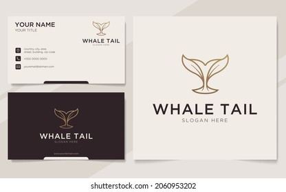 Abstract whale tail logo in gold luxury style and business card design template 