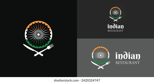 Abstract wheel logo with an ornament of the India Flag presented with multiple black background colors. The logo is suitable for Indian restaurant business logo design inspiration template