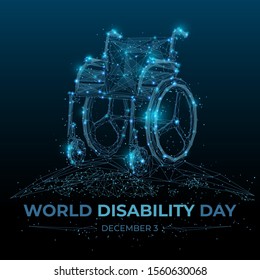Abstract wheelchair on dark background. World Disability day concept. Concept of disabled human. Low poly wireframe vector with connected dots and lines with particles and triangle shapes.