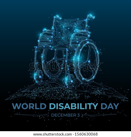 Abstract wheelchair on dark background. World Disability day concept. Concept of disabled human. Low poly wireframe vector with connected dots and lines with particles and triangle shapes.