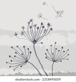 Abstract whimsical floral seed blowing in the wind illustration 