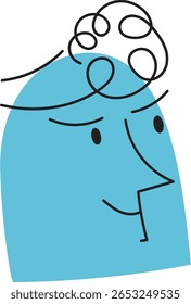 An abstract and whimsical illustration of a teal-colored head with black outlined curly hair on top and a subtle, thoughtful or slightly concerned expression