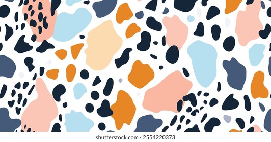 Abstract Whimsical Pattern. Playful Splash Design with Vibrant Colors in Navy, Peach, Orange, and Light Blue Tones on White Background, Perfect for Modern Art, Fashion Textiles, and Digital Projects