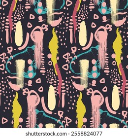 Abstract whimsical seamless pattern with hand drawn shapes on blue background. Minimalist neutral wallpaper