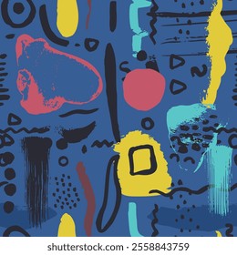 Abstract whimsical seamless pattern with hand drawn shapes on blue background. Minimalist neutral wallpaper