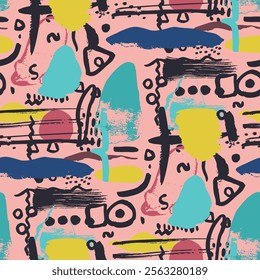 Abstract whimsical seamless pattern with hand drawn shapes on pink background. Minimalist neutral wallpaper