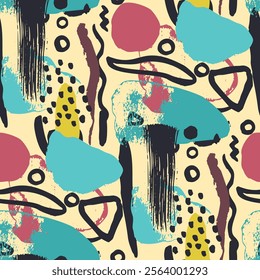 Abstract whimsical seamless pattern with hand drawn shapes on yellow background. Minimalist neutral wallpaper